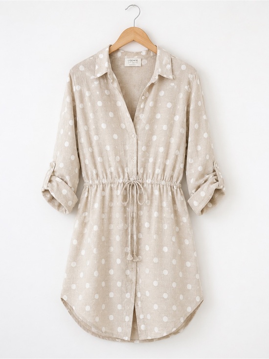 Loowie Dresses & Skirts - Polka Dot Drawstring Shirt Dress - Beige/White-S/M
